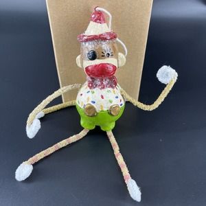 Penny McAllister Clown Sock Monkey Christmas Tree Ornament Yellow Red Polka Dots